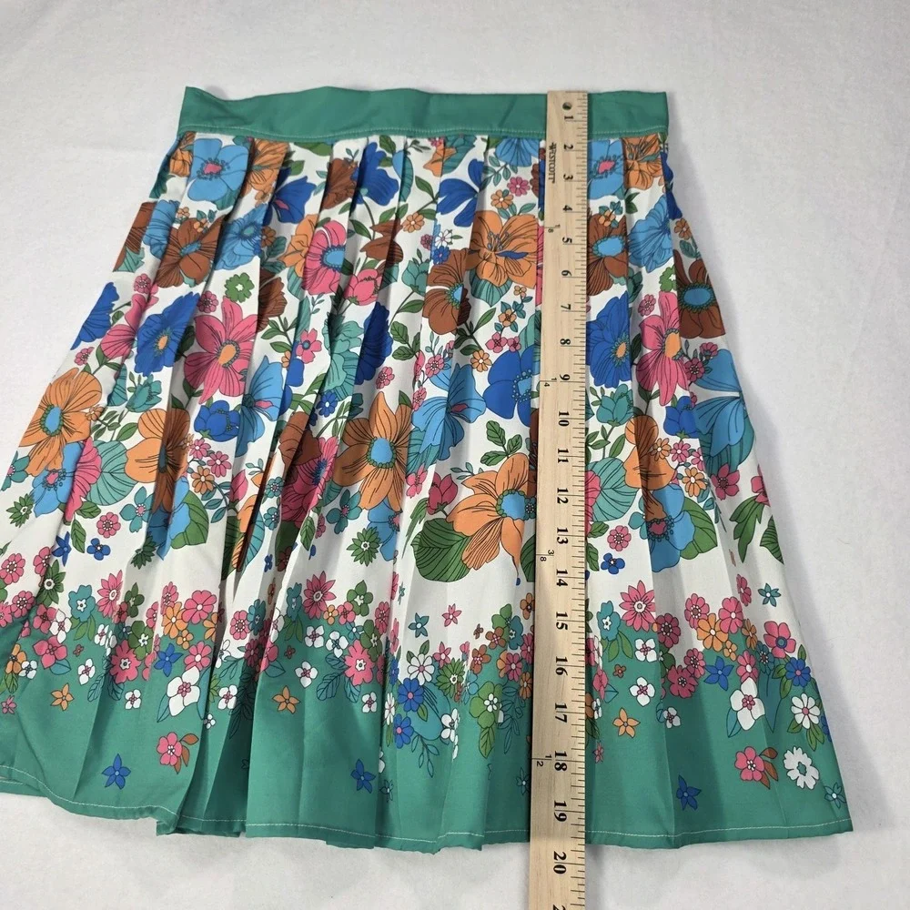 Retro 60's 70's Style Pleated Floral Border Skirt‎ Mod Flower Power Midi Skirt L